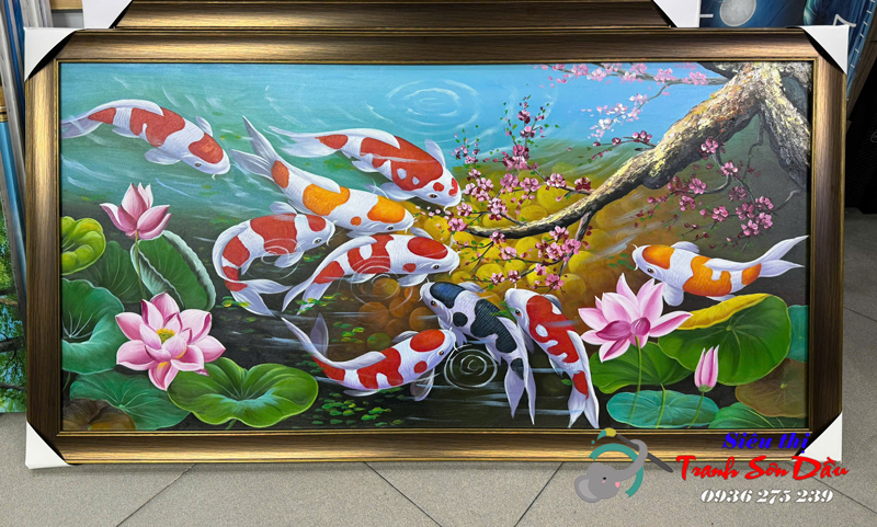 Tranh sơn dầu cửu ngư quần hội Minh Hưng đẹp 120x60 độc đáo