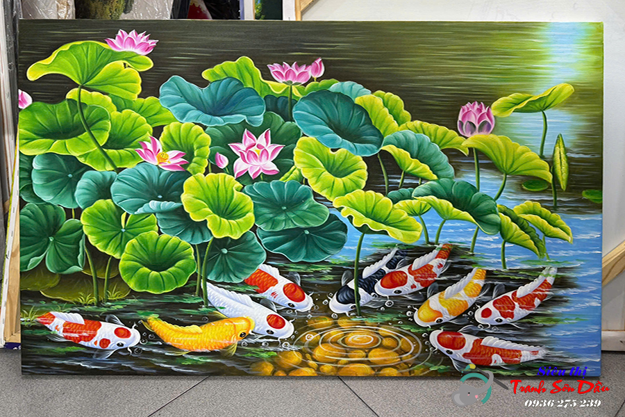 Tranh sơn dầu cửu ngư quần hội 90x60cm tay vẽ mỹ thuật sang trọng