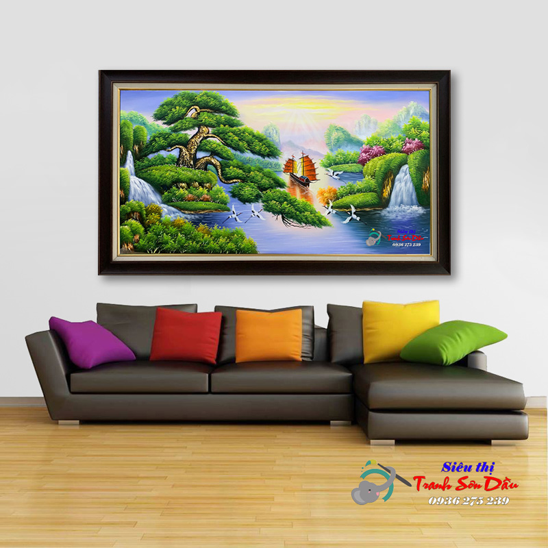 Tranh tùng hạc diên niên phong thủy sơn dầu đẹp sang trọng